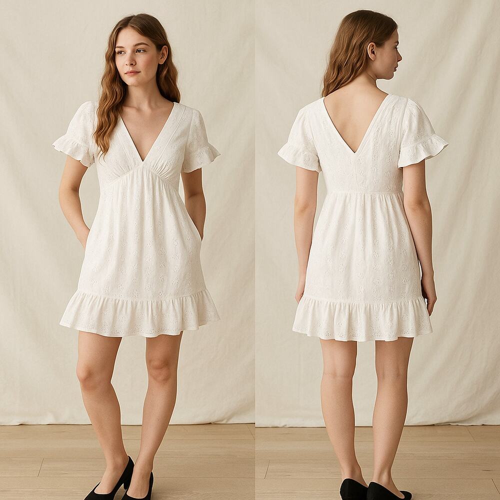 ASOS Dress Women 2 White Eyelet V-Neck Ruffle Hem Cotton Mini Summer Casual